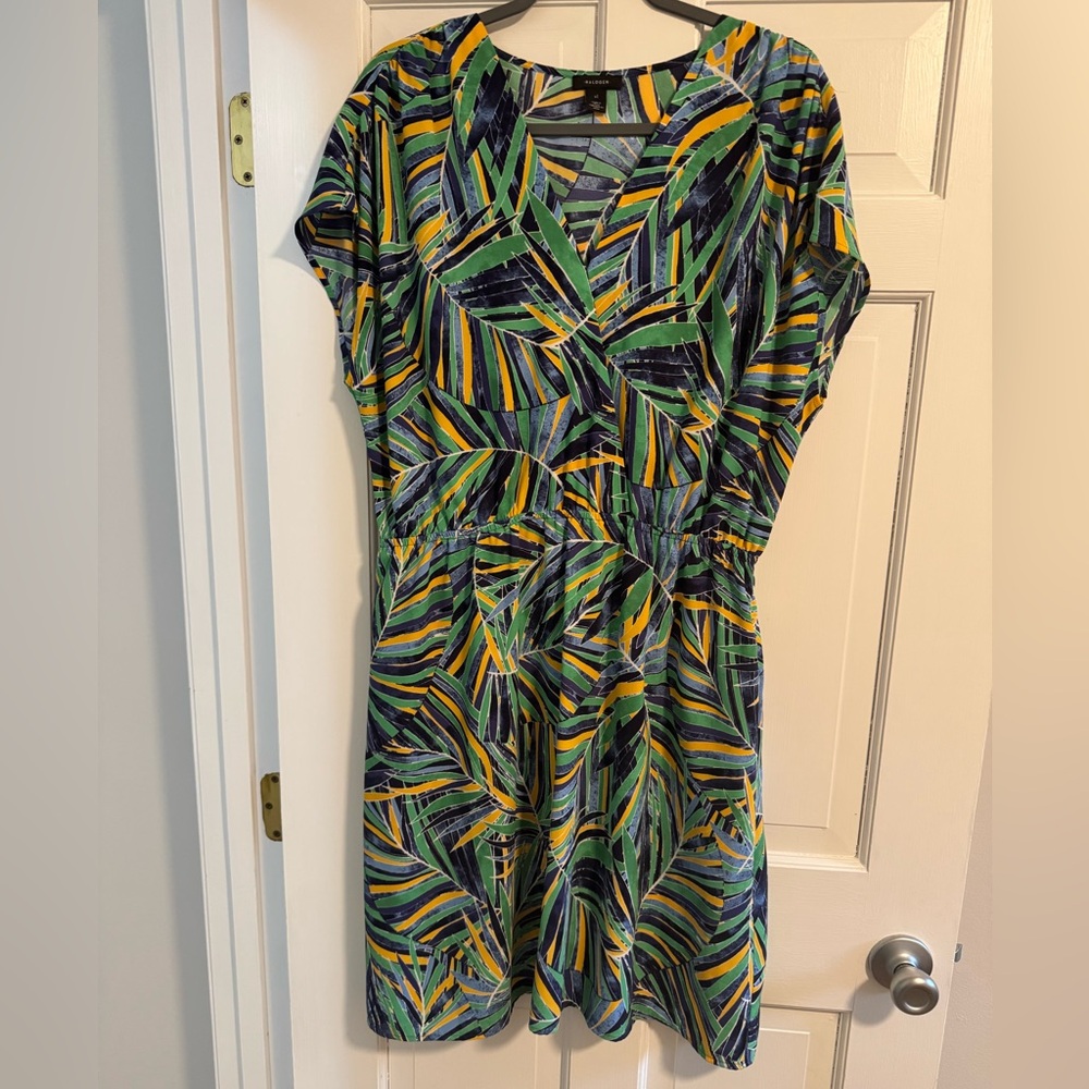 Tropical Green and Yellow Cinched Waist V Neck Sundress